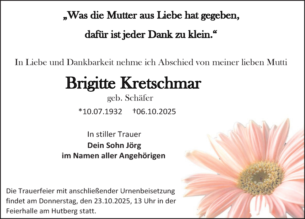  Traueranzeige für Brigitte Kretschmar vom 11.10.2025 aus Sächsische Zeitung