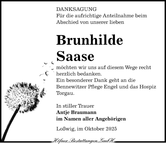 Traueranzeige von Brunhilde Saase von Torgauer Zeitung