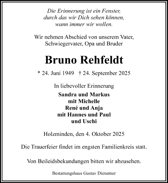 Traueranzeige von Bruno Rehfeldt von Täglicher Anzeiger Holzminden
