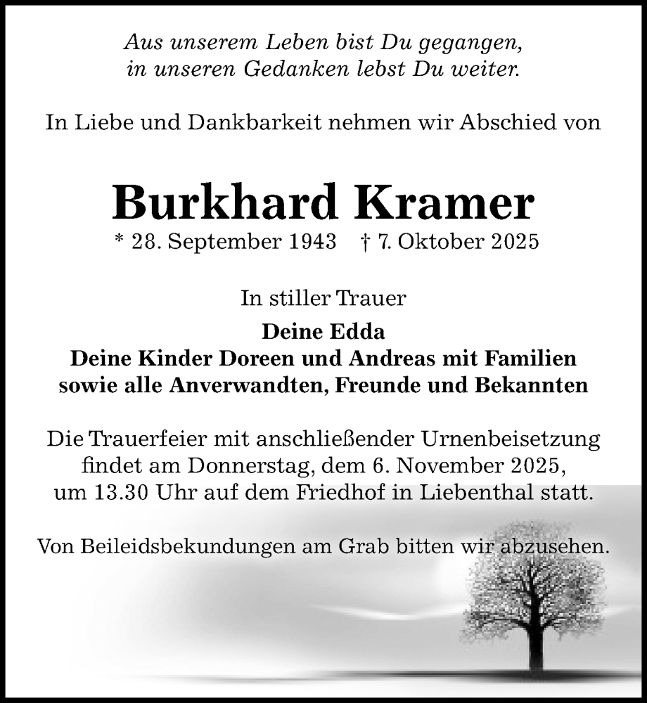  Traueranzeige für Burkhard Kramer vom 25.10.2025 aus Wochenspiegel
