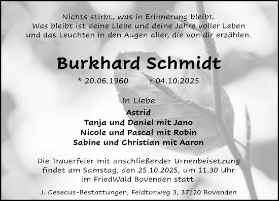 Traueranzeige von Burkhard Schmidt von Göttinger Tageblatt