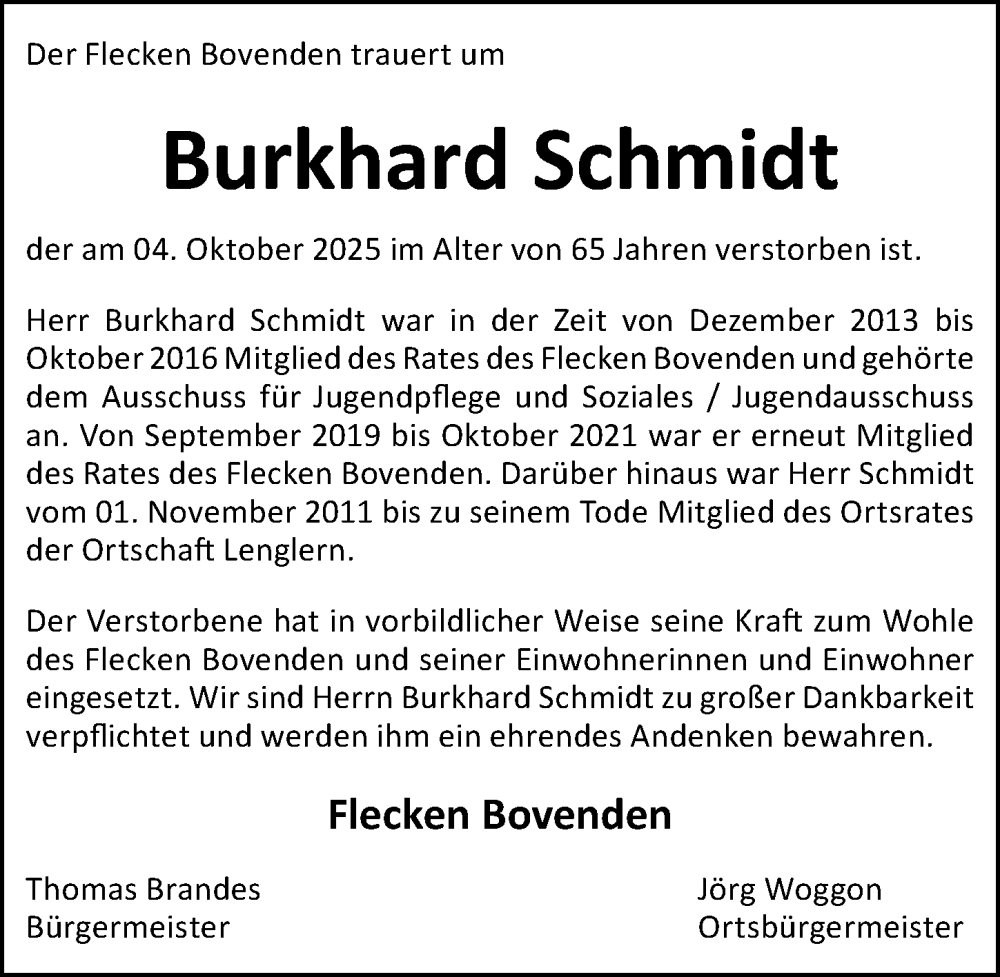  Traueranzeige für Burkhard Schmidt vom 11.10.2025 aus Göttinger Tageblatt