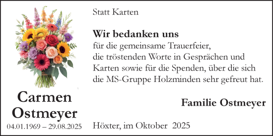 Traueranzeige von Carmen Ostmeyer von Täglicher Anzeiger Holzminden