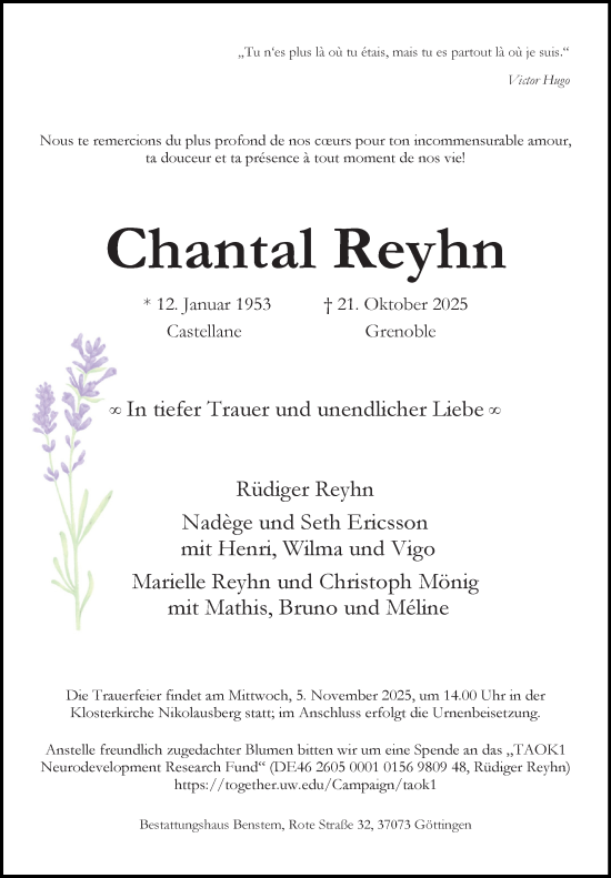 Traueranzeige von Chantal Reyhn von Göttinger Tageblatt