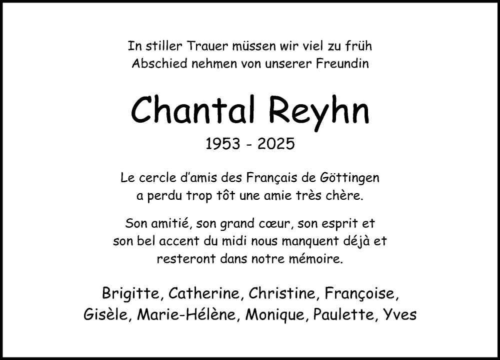  Traueranzeige für Chantal Reyhn vom 01.11.2025 aus Göttinger Tageblatt