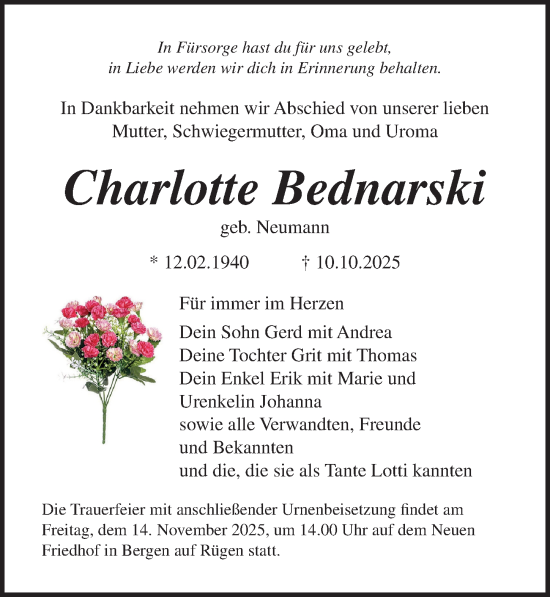 Traueranzeige von Charlotte Bednarski von Ostsee-Zeitung GmbH