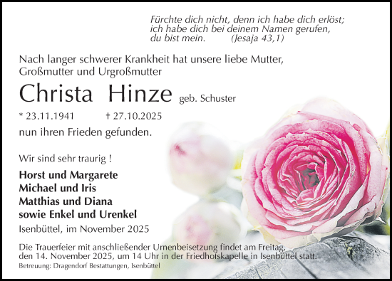 Traueranzeige von Christa Hinze von Aller Zeitung