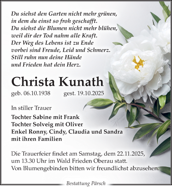Traueranzeige von Christa Kunath von Sächsische Zeitung