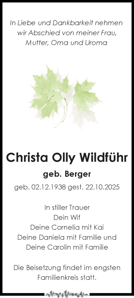  Traueranzeige für Christa Olly Wildführ vom 01.11.2025 aus Leipziger Volkszeitung