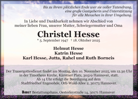 Traueranzeige von Christel Hesse von Hannoversche Allgemeine Zeitung/Neue Presse