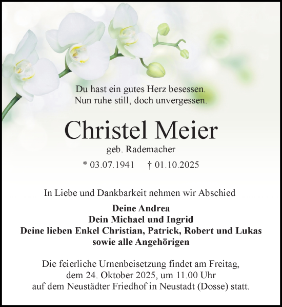 Traueranzeige von Christel Meier von Wochenspiegel
