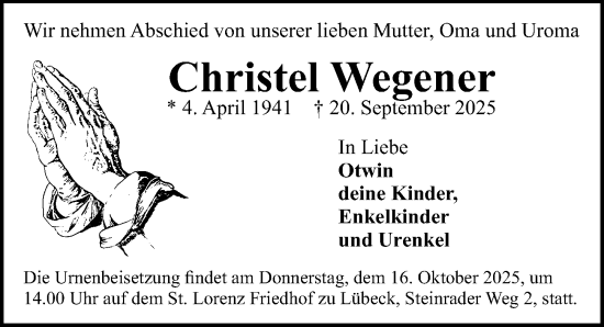 Traueranzeige von Christel Wegener von Lübecker Nachrichten
