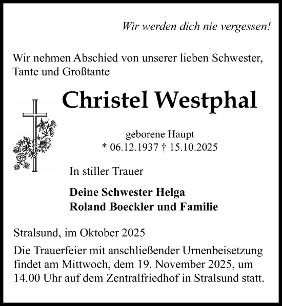 Traueranzeige von Christel Westphal von Ostsee-Zeitung GmbH