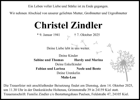 Traueranzeige von Christel Zindler von Kieler Nachrichten