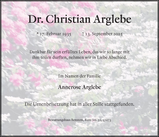 Traueranzeige von Christian Arglebe von Göttinger Tageblatt