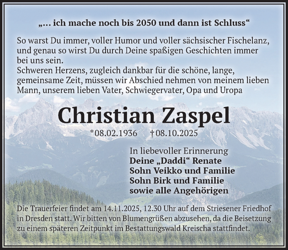  Traueranzeige für Christian Zaspel vom 25.10.2025 aus Sächsische Zeitung