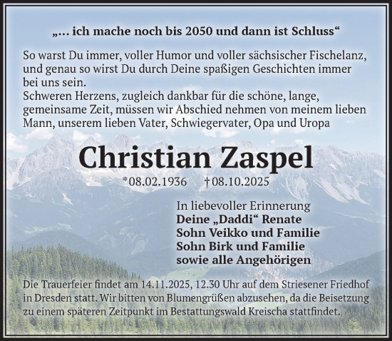 Traueranzeige von Christian Zaspel von Sächsische Zeitung