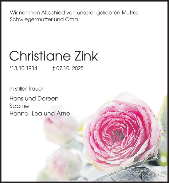 Traueranzeige von Christiane Zink von Kieler Nachrichten
