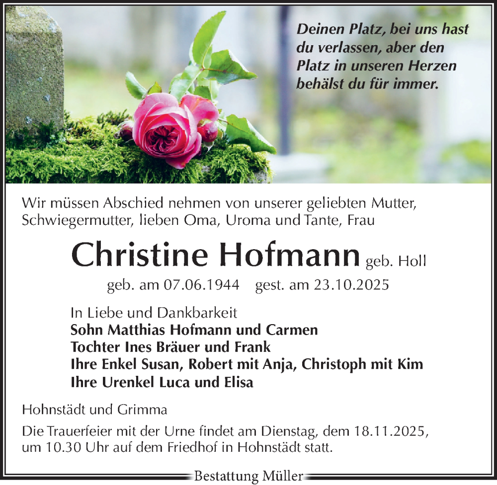  Traueranzeige für Christine Hofmann vom 01.11.2025 aus Leipziger Volkszeitung