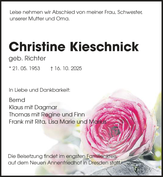 Traueranzeige von Christine Kieschnick von Sächsische Zeitung