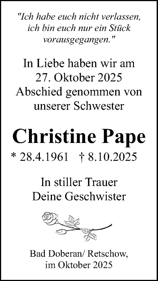 Traueranzeige von Christine Pape von Ostsee-Zeitung GmbH