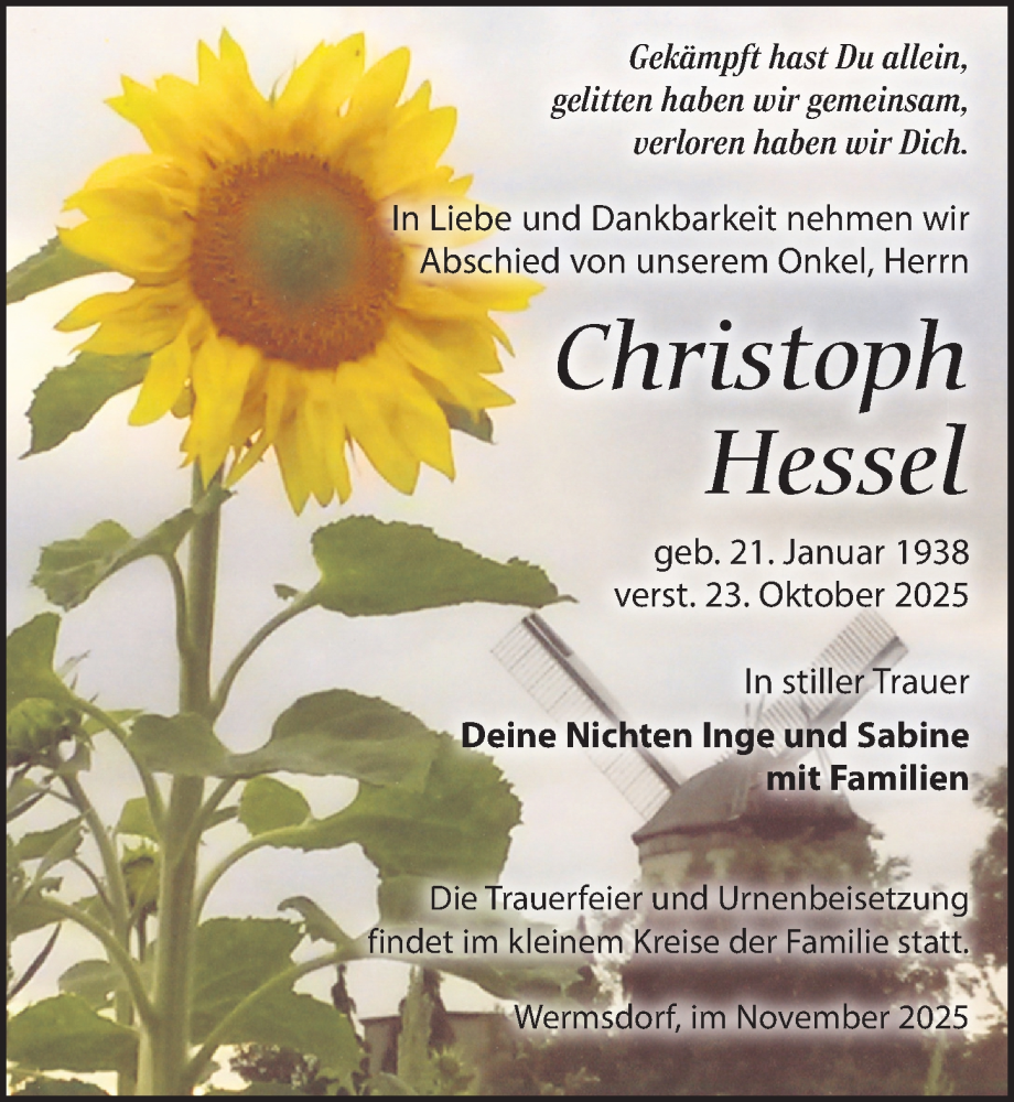  Traueranzeige für Christoph Hessel vom 01.11.2025 aus Leipziger Volkszeitung