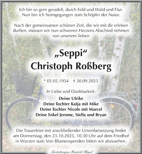 Traueranzeige von Christoph Roßberg von Leipziger Volkszeitung