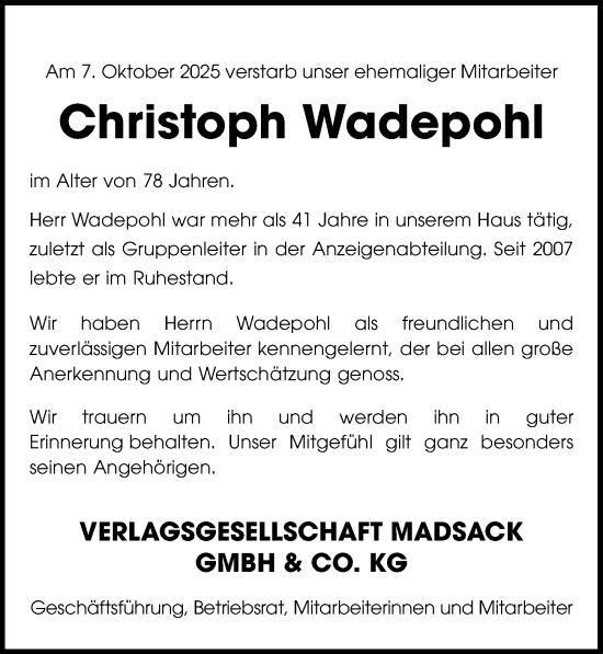 Traueranzeige von Christoph Wadepohl von Hannoversche Allgemeine Zeitung/Neue Presse