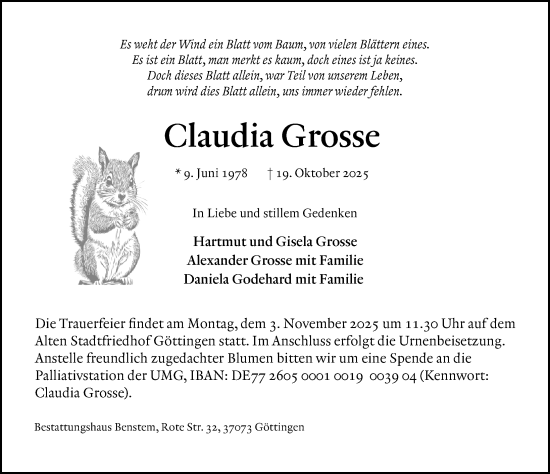 Traueranzeige von Claudia Grosse von Göttinger Tageblatt