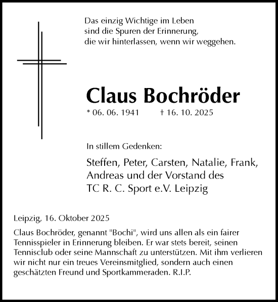 Traueranzeige von Claus Bochröder von Leipziger Volkszeitung