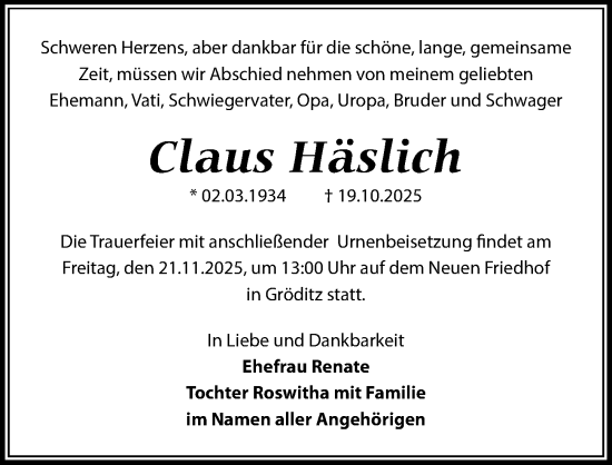 Traueranzeige von Claus Häslich von Sächsische Zeitung