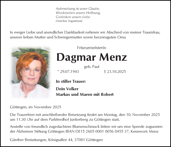 Traueranzeige von Dagmar Menz von Göttinger Tageblatt