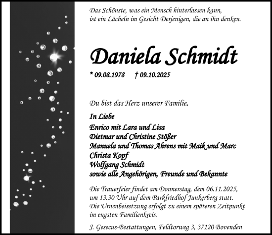 Traueranzeige von Daniela Schmidt von Göttinger Tageblatt