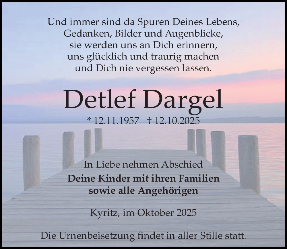  Traueranzeige für Detlef Dargel vom 18.10.2025 aus Wochenspiegel