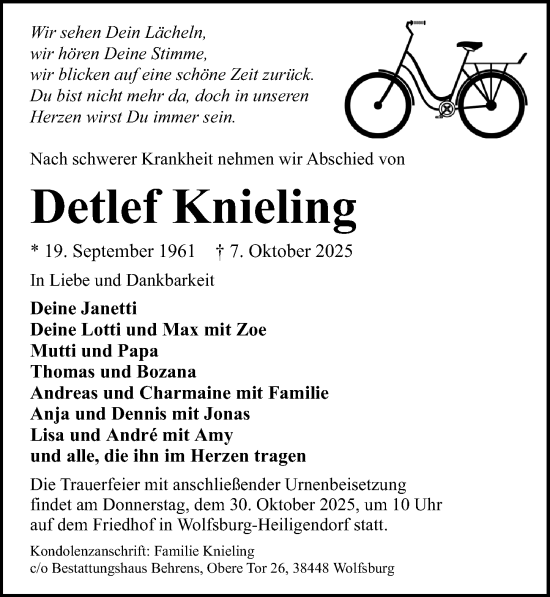 Traueranzeige von Detlef Knieling von Aller Zeitung