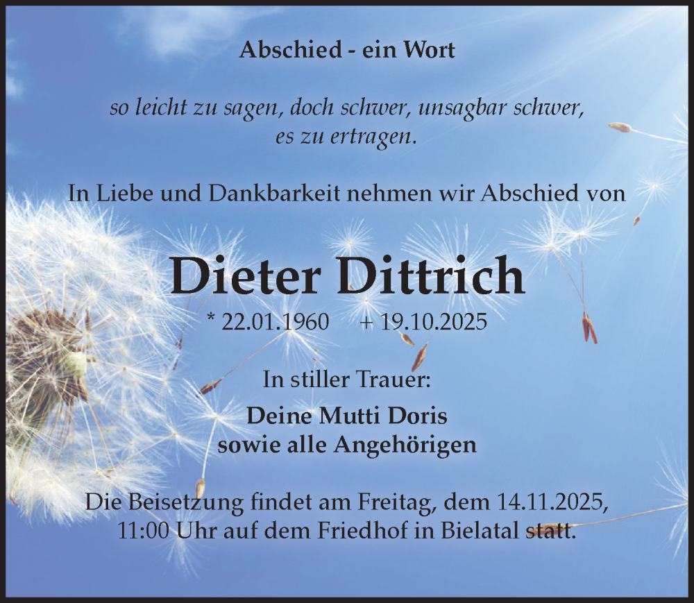  Traueranzeige für Dieter Dittrich vom 01.11.2025 aus Sächsische Zeitung