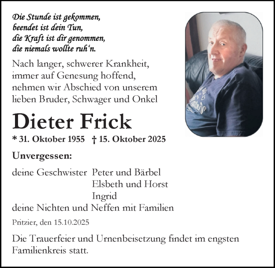 Traueranzeige von Dieter Frick von Ostsee-Zeitung GmbH