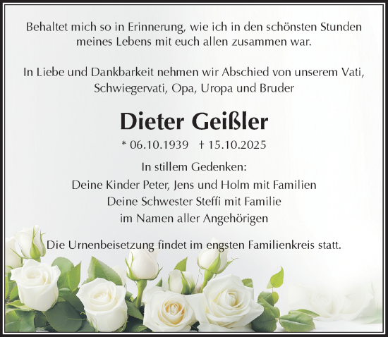 Traueranzeige von Dieter Geißler von Sächsische Zeitung