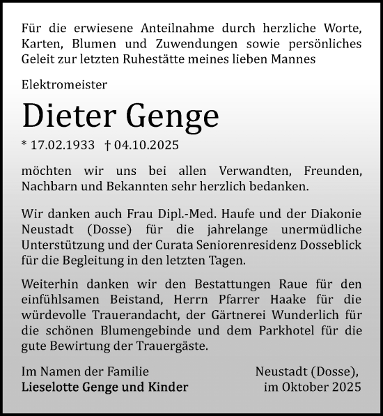 Traueranzeige von Dieter Genge von Wochenspiegel