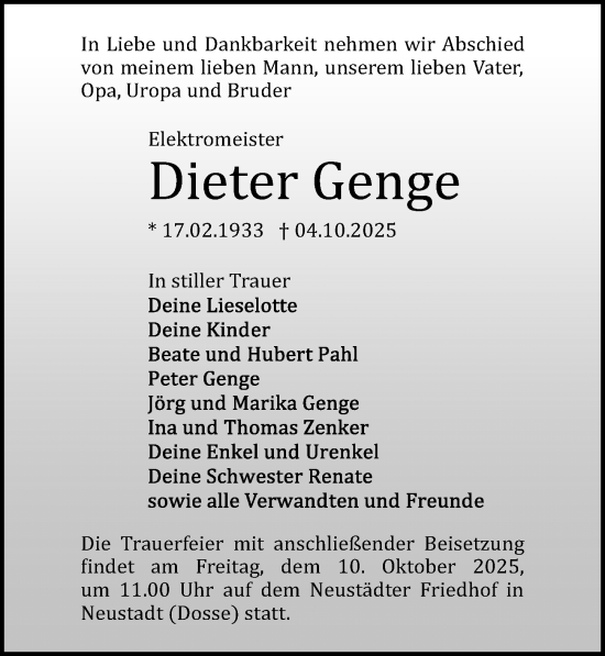 Traueranzeige von Dieter Genge von Märkischen Allgemeine Zeitung