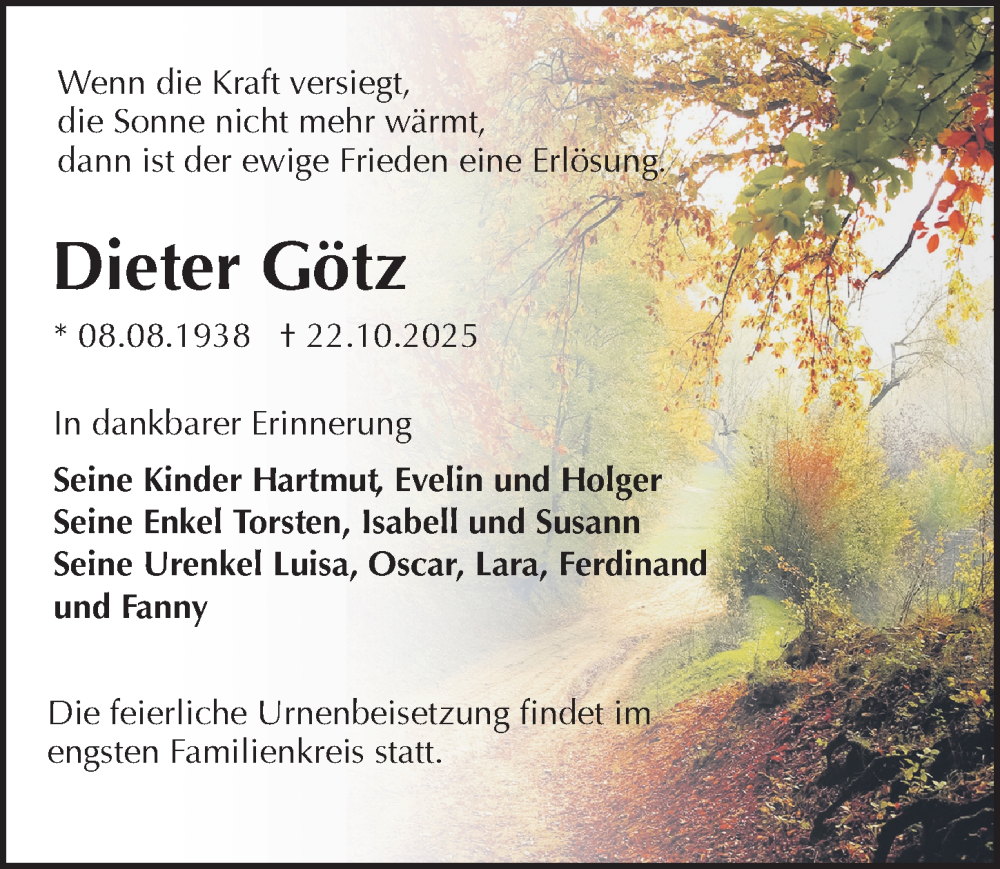  Traueranzeige für Dieter Götz vom 01.11.2025 aus Sächsische Zeitung