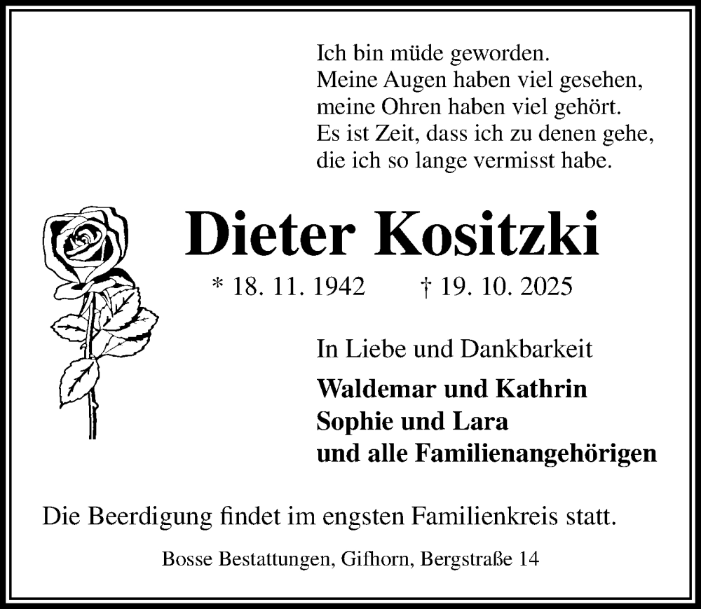  Traueranzeige für Dieter Kositzki vom 25.10.2025 aus Aller Zeitung