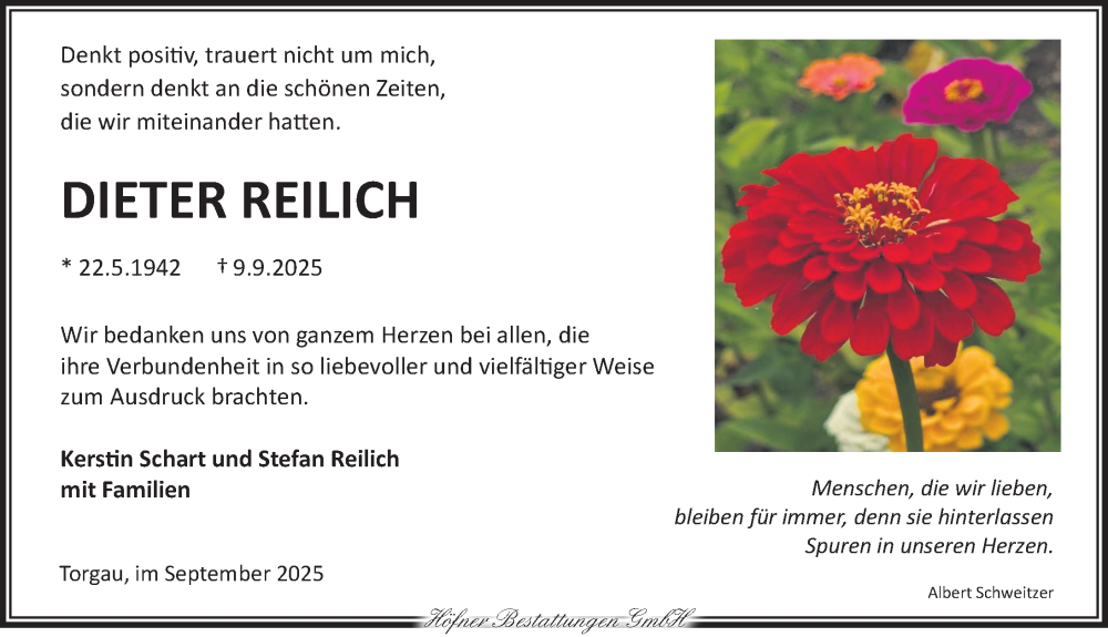  Traueranzeige für Dieter Reilich vom 05.10.2025 aus Torgauer Zeitung