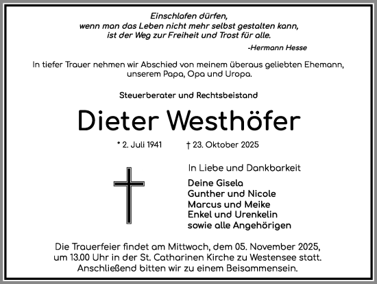 Traueranzeige von Dieter Westhöfer von Kieler Nachrichten