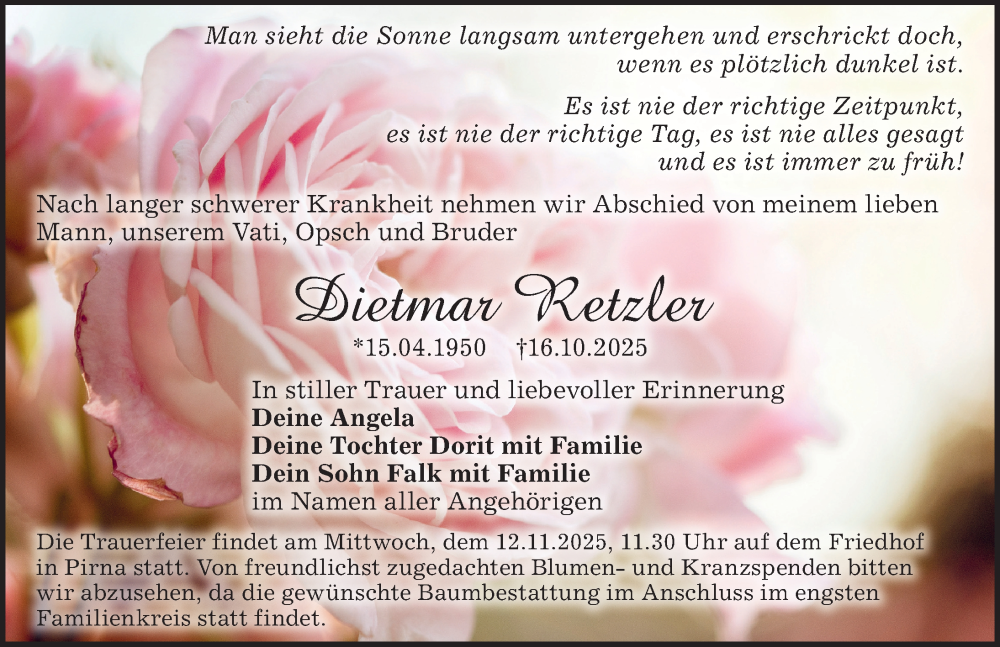  Traueranzeige für Dietmar Retzler vom 25.10.2025 aus Sächsische Zeitung