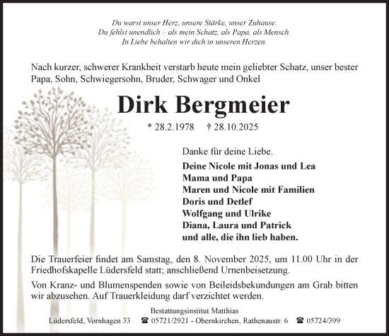 Traueranzeige von Dirk Bergmeier von Schaumburger Nachrichten