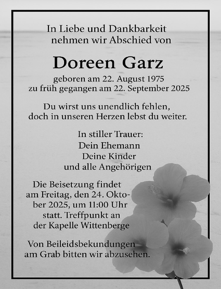  Traueranzeige für Doreen Garz vom 04.10.2025 aus Wochenspiegel