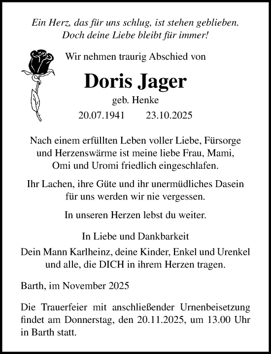 Traueranzeige von Doris Jager von Ostsee-Zeitung GmbH
