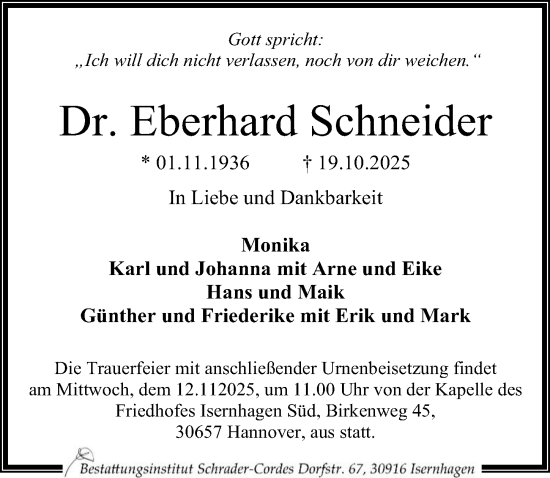 Traueranzeige von Eberhard Schneider von Hannoversche Allgemeine Zeitung/Neue Presse