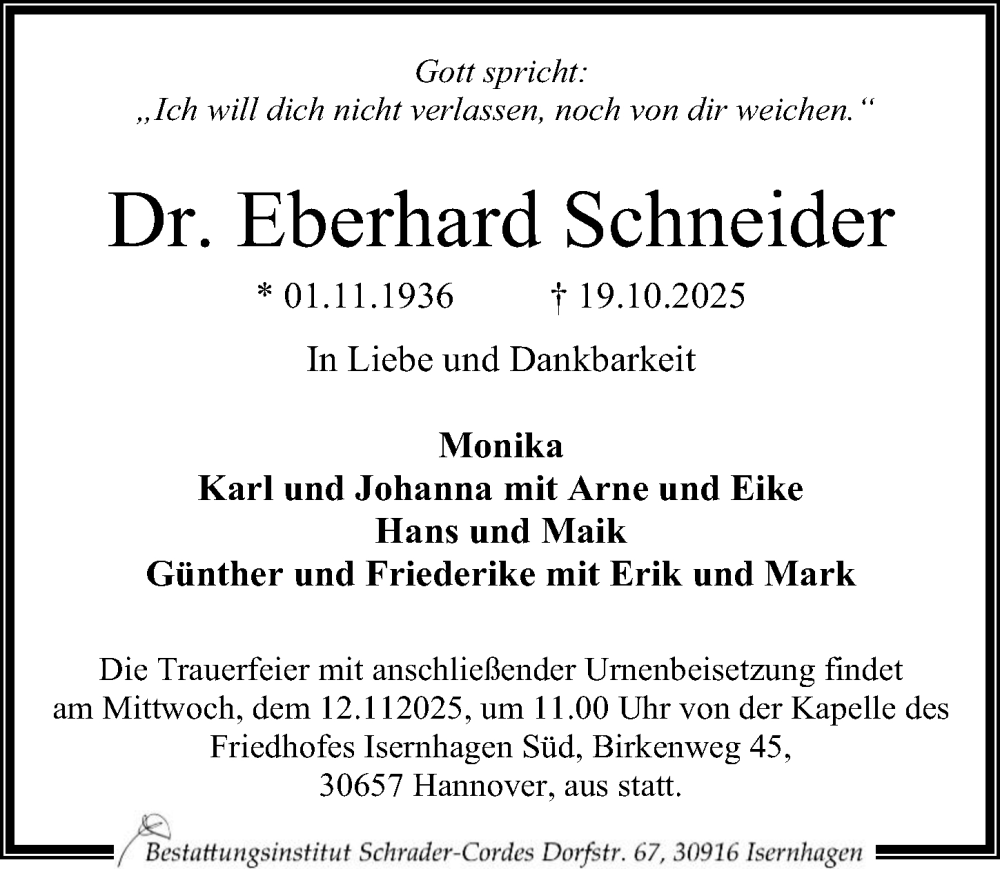  Traueranzeige für Eberhard Schneider vom 01.11.2025 aus Hannoversche Allgemeine Zeitung/Neue Presse